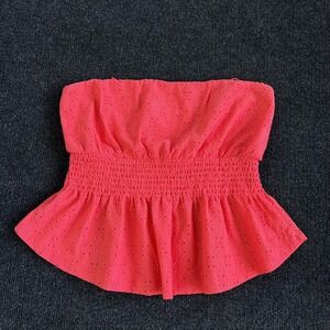 Eyeshadow Tube Top Womens Medium Pink Eyelet Strapless Smocked Peplum